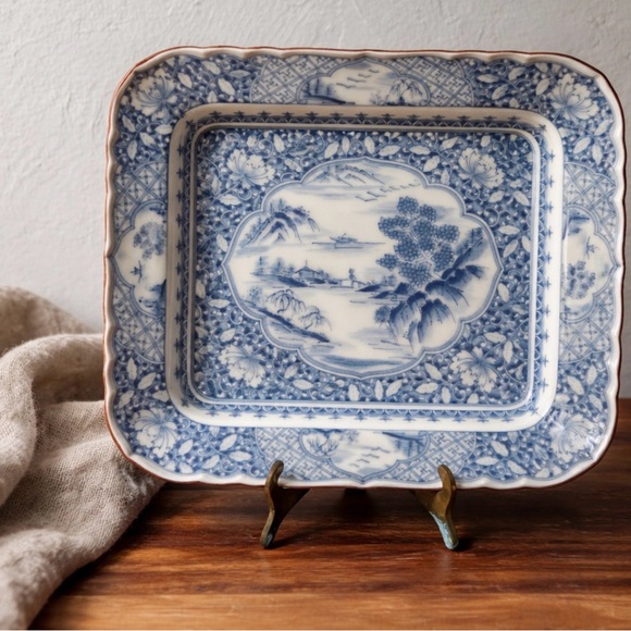None Other - Antique Blue and White Scenic Porcelain Serving Platter